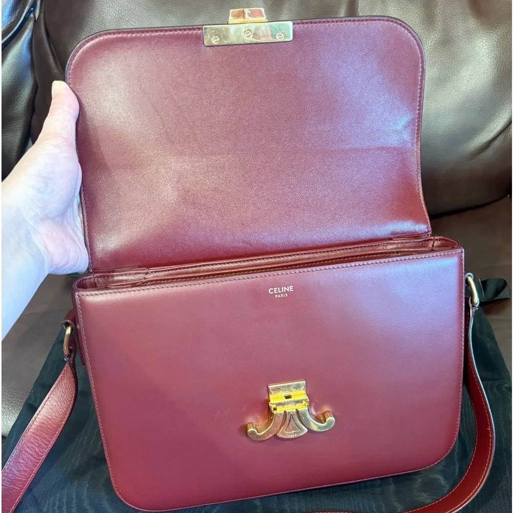 Celine triomphe classique box Medium Calfskin Dark red Wine red canvas handbag - Picture 8 of 16